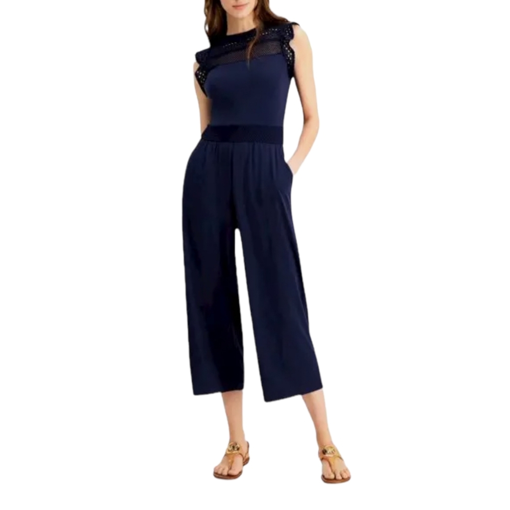 NWT Michael Kors Navy Blue Lattice Cropped Jumpsuit Wide Leg